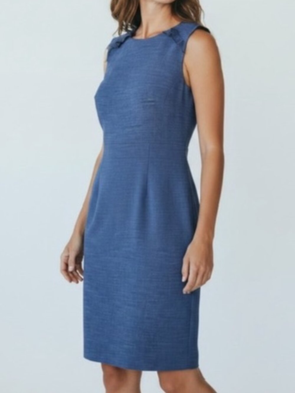Ann Taylor Blue Denim Look Ruffle Shoulder Sheath Midi Dress 16 NWT $149